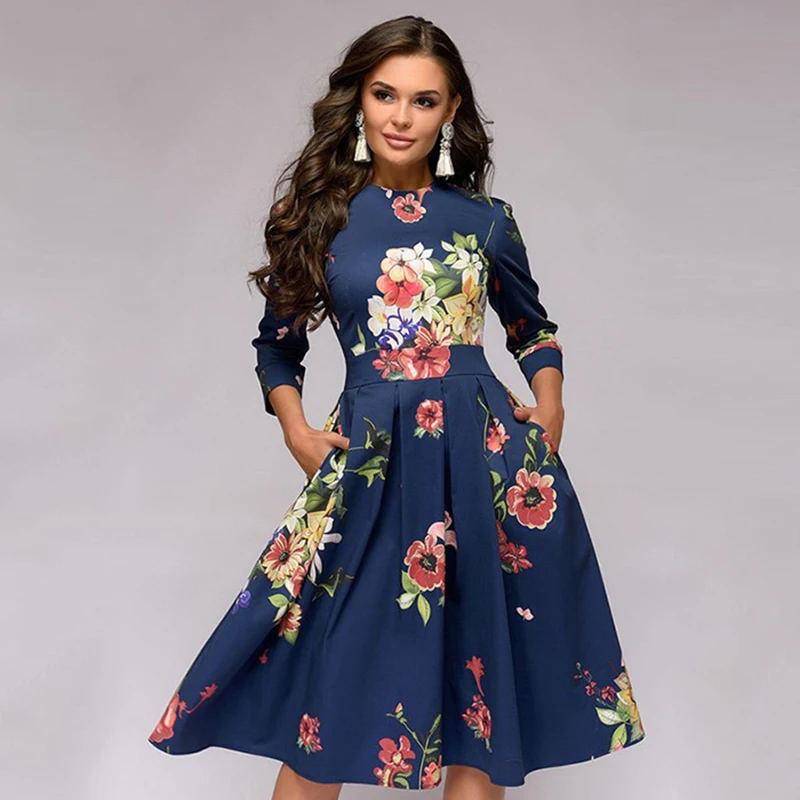 

2019 HOT Women Elegent A-line Dress 2019 Vintage printing party vestidos Three Quarter Sleeve women Spring Dress(No Pockets)
