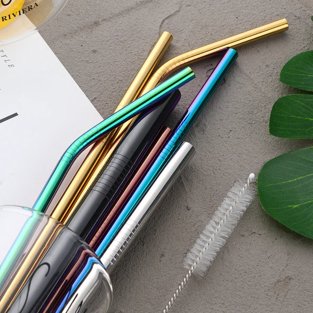 100pcs Stainless Steel Drinking Straw Wholesale Reusable Straw Gold Metal Straws Food Grade Juicy Party Straws Brush Set Bar