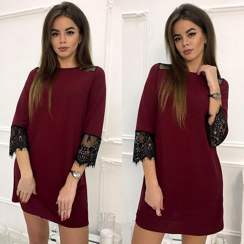

3/4 Sleeve Fashion Lace Stitching Casual Dress Women's O-Neck Loose Straight Dress 2018 Spring Autumn Party Club Mini Dresses