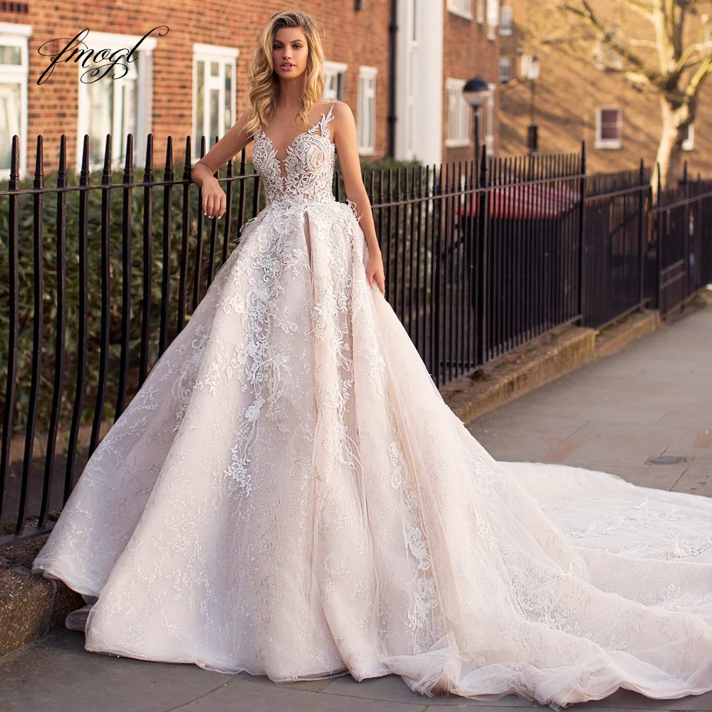 

Fmogl Sexy Illusion Feathers Lace A Line Wedding Dresses 2019 Embroidery Appliques Beaded Chapel Train Vintage Bridal Gowns