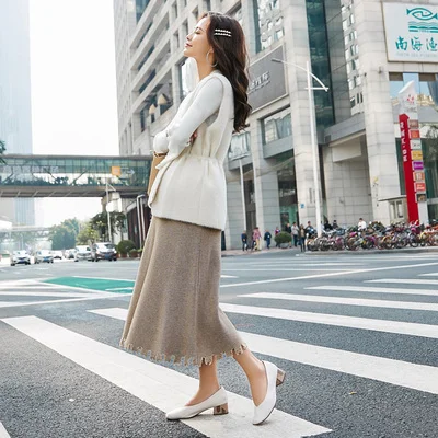 Корейские модные трикотажные юбки с кисточками для беременных, осенне-зимние юбки для талии, живота, эластичная трапециевидная юбка для беременных женщин - Цвет: apricot