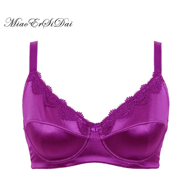 MiaoErSiDai Women Plus Size Bra Unlined Embroidery Satin Full Coverage Bra 36 38 40 42 44 46 C D