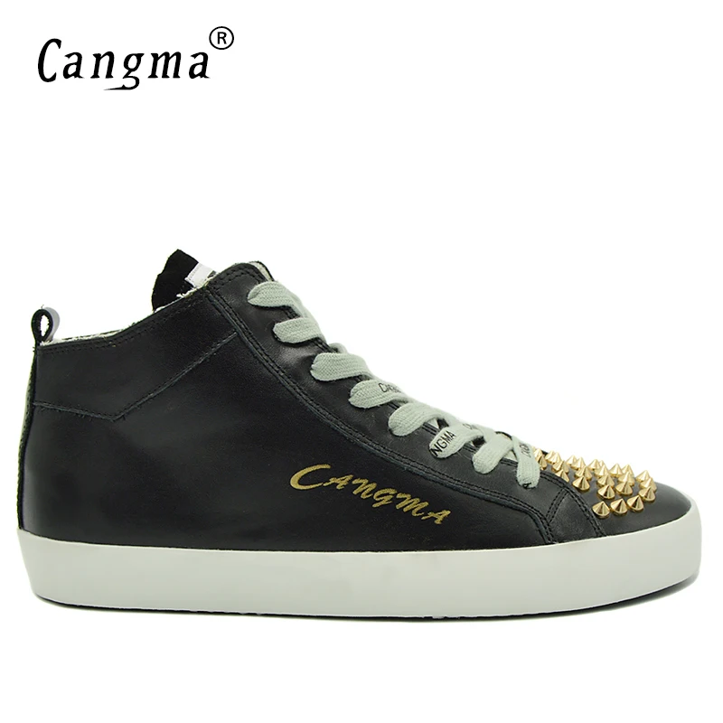 

CANGMA Luxury Durable Shoes Man's Rivets Lace Up Scarpe Casual Shoes Mid Black Genuine Leather Sneakers Men Flats Male Footwear