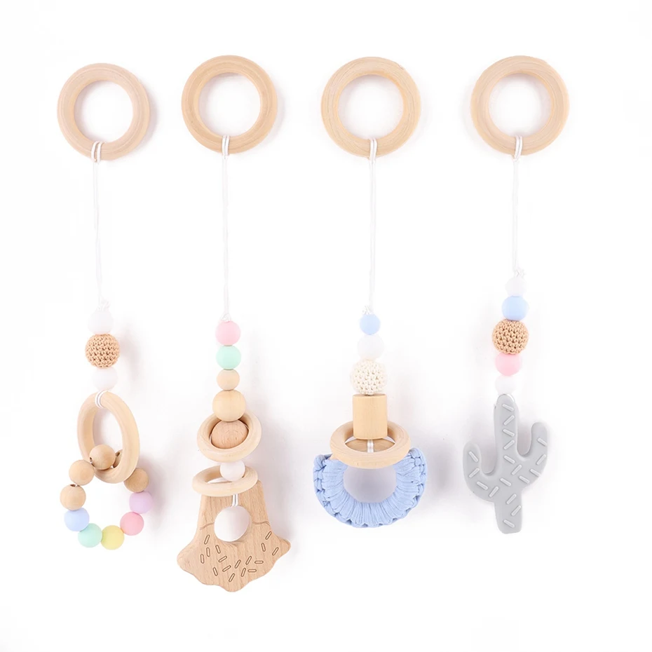 

Animals Wood Pendant Baby Play Gym Teether Rodent Silicone Beads DIY Teether BPA Free Wooden Ring Teether Toys Montessori Rattle