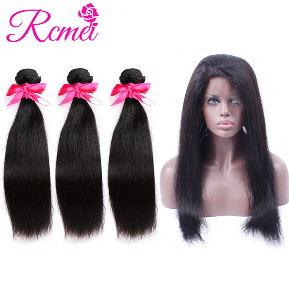 Rcmei Peruvian Straight Hair 360 Lace Frontal With Bundles 3 Bundles With 360 Lace Frotnal 22x4x2Inch Pre Plucked With Baby Hair