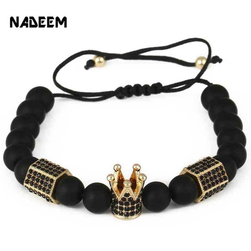 

NADEEM Fashion Micro Pave CZ Crown Black Matte Stone Bead Braided Macrame Bracelet Imperial Crown Charm Men's Bracelet Jewelry