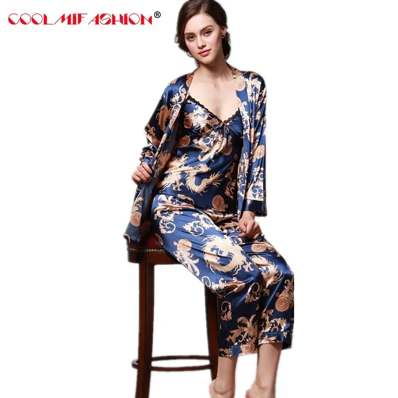 

Luxurious pyjamas Women 3Pcs Robe Pajama Pants Sets Satin Chineses Traditonal Dragon Print Sleepwear female Silk-like Loungewear