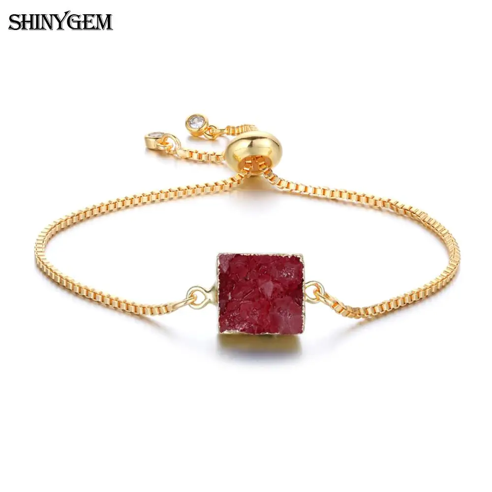ShinyGem 12 мм натуральный квадратный браслеты из драгоценных камней 9 планета кристалл браслет с подвесками Регулируемая золотая цепочка Druzy браслеты для женщин