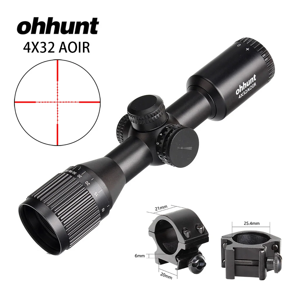 Ohhunt 4X32 AOIR компактный прицел для винтовки Mil Dot красная и зеленая подсветка охотничья оптика оптические прицелы заполняющий азот область с кольцами - Цвет: with Picatinny Rings