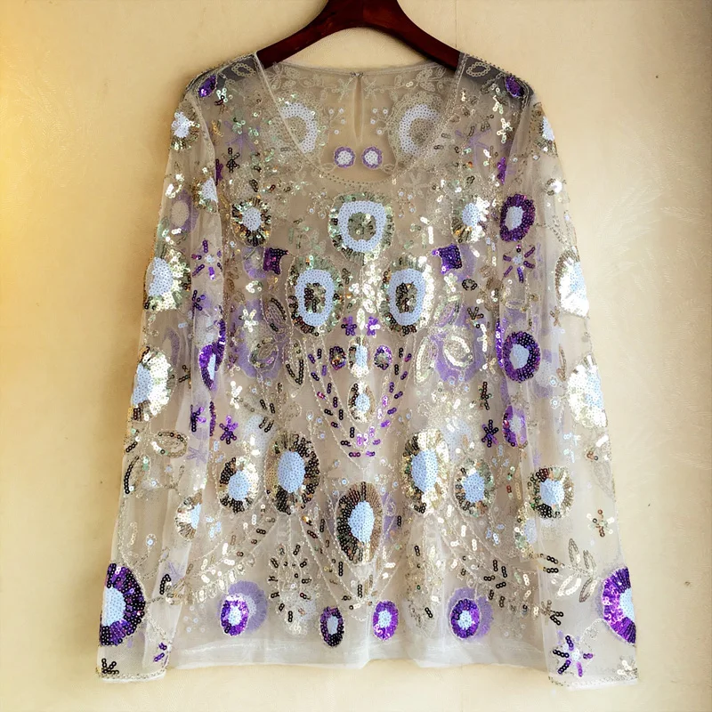 

New 2019 Top Women s Long Sleeve Baitao Heavy Industry Sequins Nailing Pearl Taichao Chiffon Shirt Sweet Small and Fresh