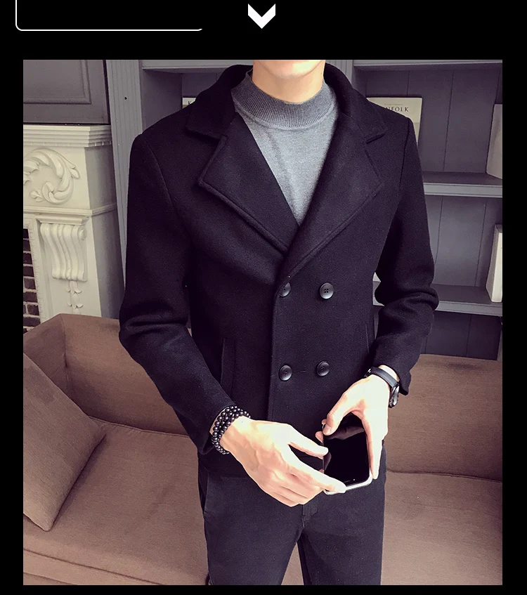 Осень Зима одноцветное цвет высокое качество короткие шерстяное пальто мужской костюм воротник двубортный Молодежный облегающий повседневное