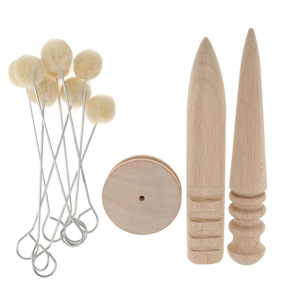 3pcs Wood Leather Edge Slicker + 10pcs Wool Daubers Assisted Dyeing Wool Ball Applicator Leather Craft DIY Hand Tool Set