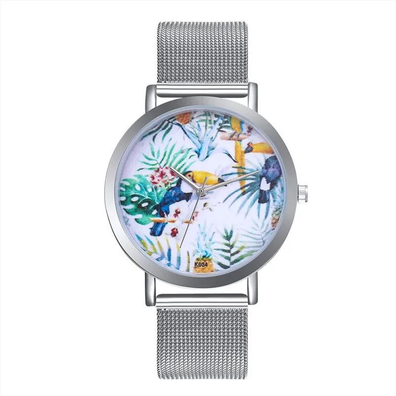Newly Design Watch Women Girl Analog Stainless Steel Strap Plant Pattern Alloy Analog Quartz Round Watch  Relogio Masculino M23 (4)