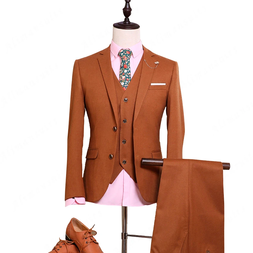 Classic Deep Tangerine Tweed Wedding Suit Gentleman Style Groom Tuxedos