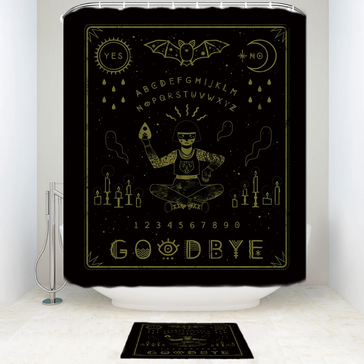 

Memory Home Unique Design Ouija Board Pattern Waterproof Shower Curtain Set Polyester Fabric Black Bathroom Curtains Mats