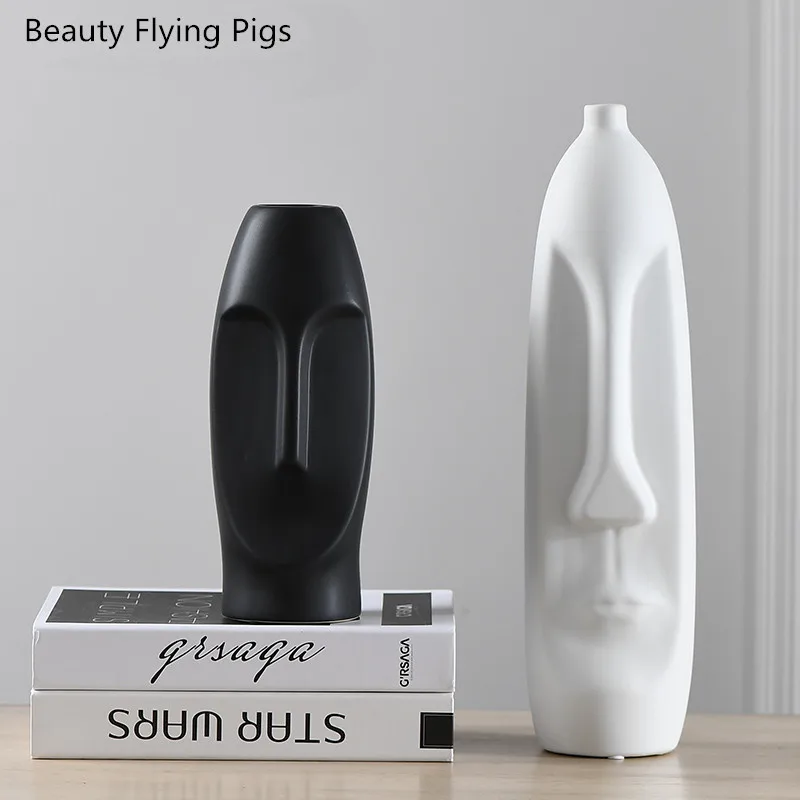 

Nordic Minimalist Ceramic Abstract Vase Black and White Human Face Creative Display Room Decorative Figue Head Shape Vase