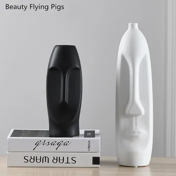 

Nordic Minimalist Ceramic Abstract Vase Black and White Human Face Creative Display Room Decorative Figue Head Shape Vase