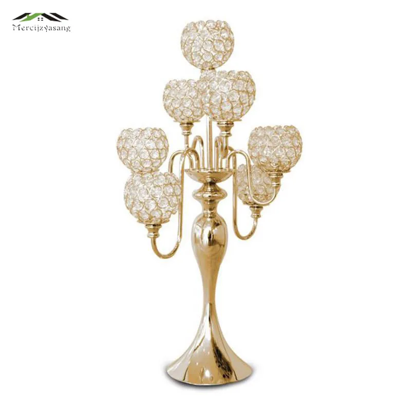 10Pcs/Lot Metal Gold/Silver Candle Holders Retro 7-Arms With Crystals Stand Pillar Candlestick For Wedding Portavelas Candelabra | Дом и сад