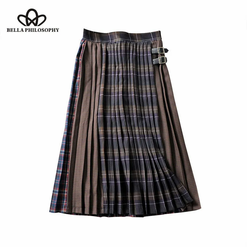 Wonder 2018 new autumn Vintage Plaid Patchwork Sashes Pleated Midi Skirt Side Zipper Streetwear Ladies Skirt Casual Faldas Mujer