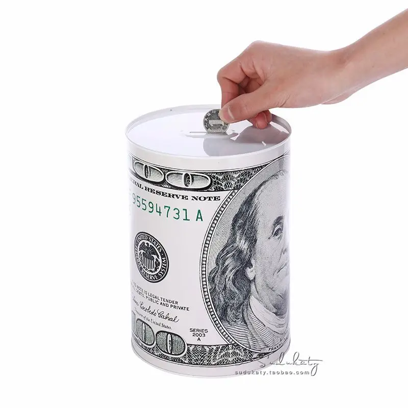 White BQBQERT Creative Euro Dollar Metal Cylinder Piggy Bank Saving Money Box Home Decoration