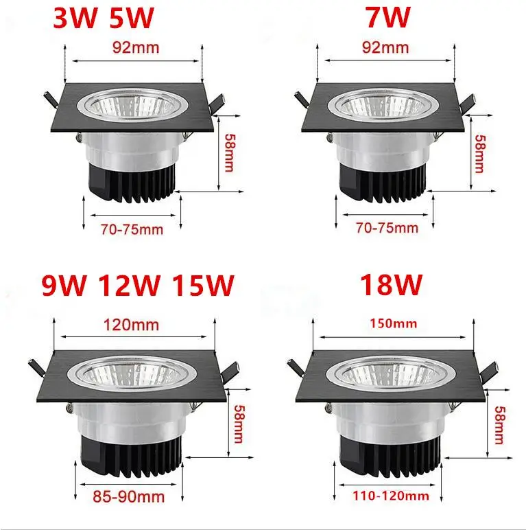 

Квадратный яркий Встраиваемый светодиодный Светильник направленного света COB 3 Вт, 5 Вт, 7 Вт, 9 Вт, 12 Вт, 15 Вт, Светодиодный точечный светильник, декоративная потолочная лампа AC 110 В, 220 В