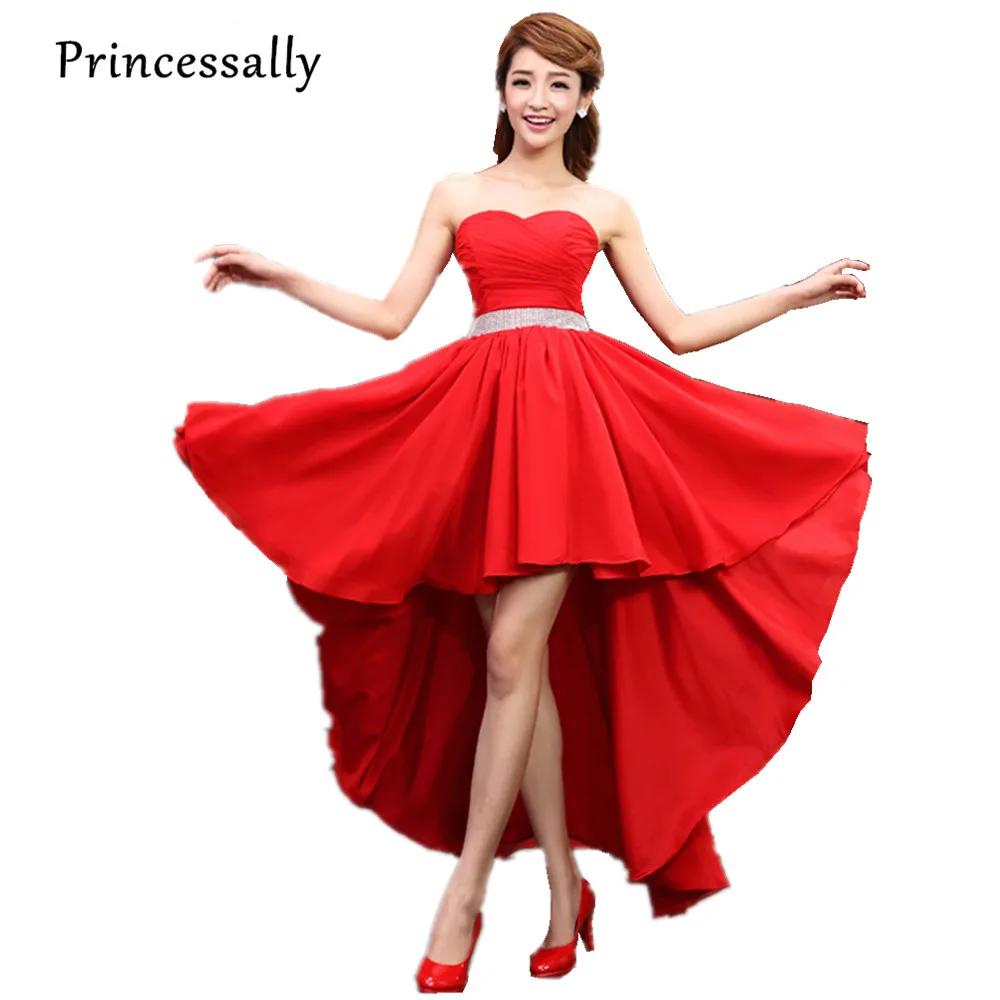 

High Low Evening Dress Crystal Sashes Sleeveless Pleat Red Chiffon Vestidos Lace Up Ladies Evening Dresses