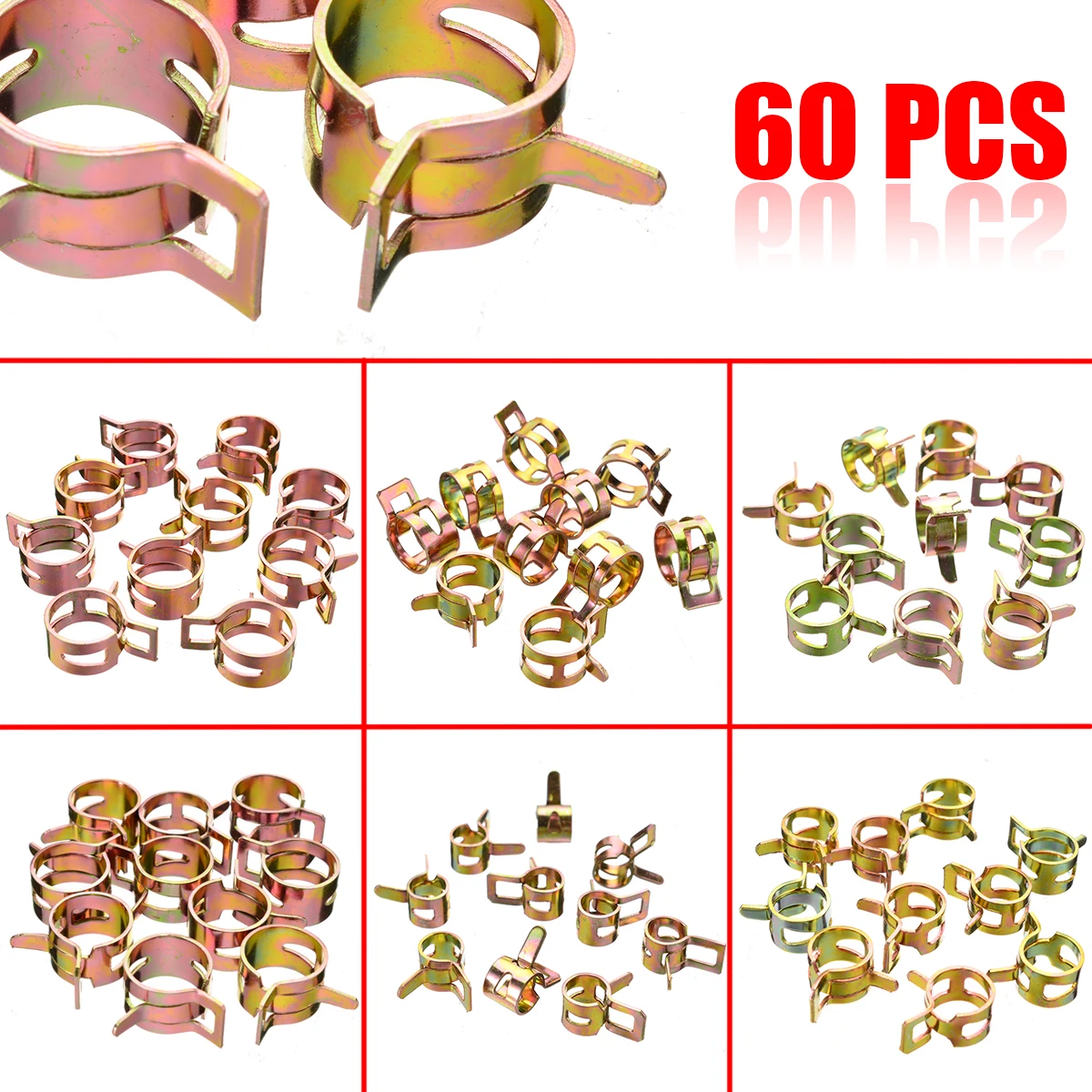 60pcs/set 7mm 10mm 11mm 14mm 16mm 17mm Hose Clamps Fuel Hose Line Water Pipe Clamp Hoops Air Tube Fastener Spring Clips