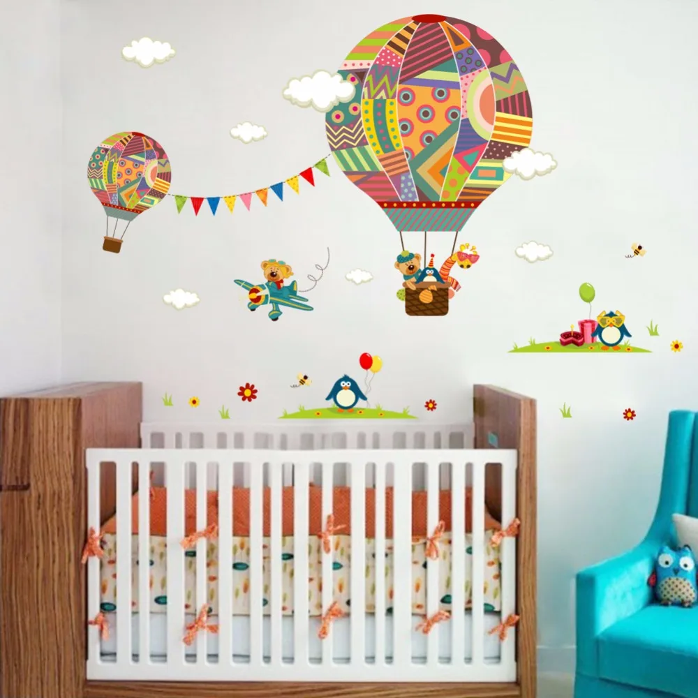 Air balloon penguin bear carton mural decorative home decor decal for kids baby nursery bedroom accessories wall sticker poster