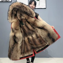 OFTBUY manteau en vraie fourrure de raton laveur, Super grand, veste dhiver à capuche pour femmes, Parka épaisse et chaude détachable en fourrure naturelle de vison 