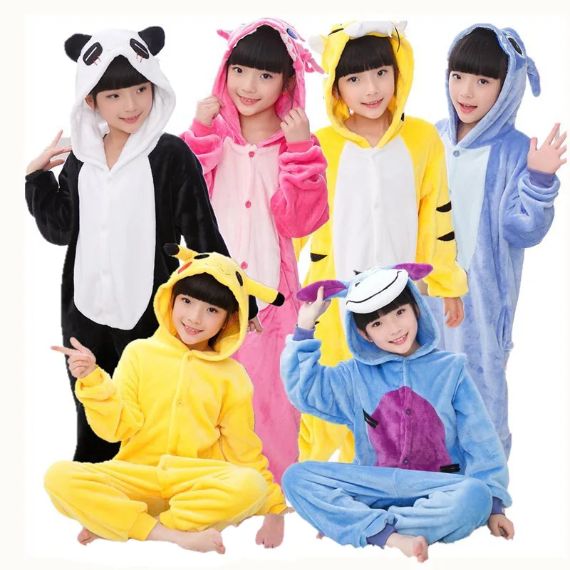 Baratos Anime Cosplay pijamas niños Onesie Stich Panda de Pikachu unicornio con capucha invierno dibujos animados pijamas niños pijamas para niñas Niño
