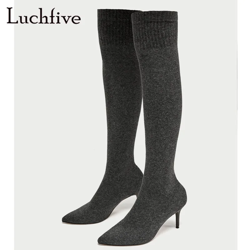

New fashion knit Thin high Boots elegant over the knee female shoes Sexy thin High Heels black dark grey Sock Boots 2018