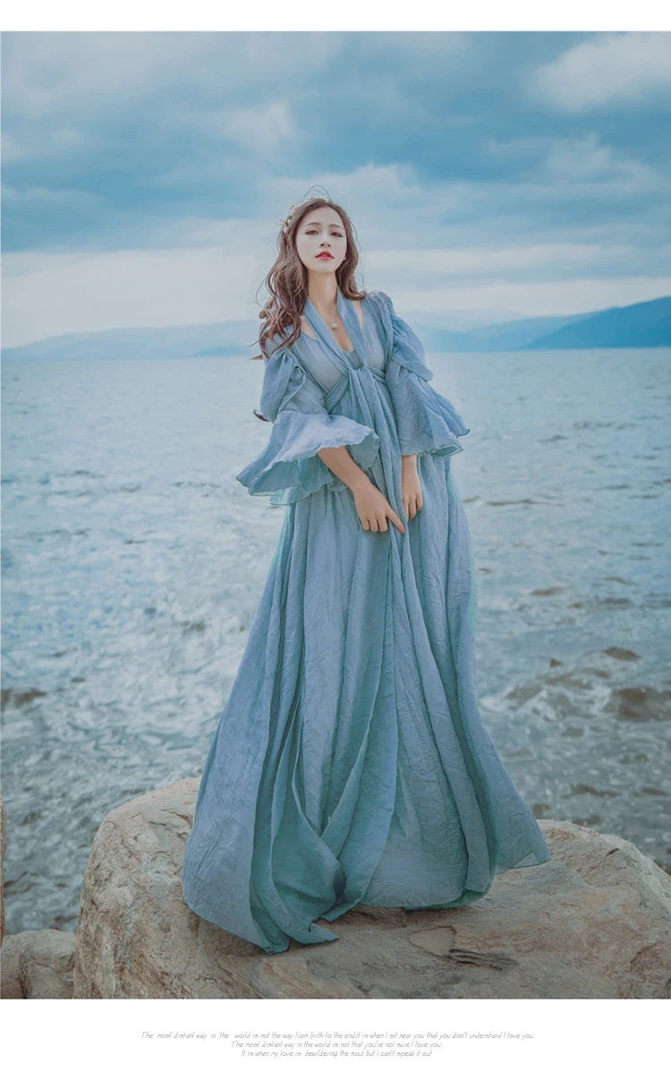 YOSIMI летнее длинное женское платье макси Элегантное Длинное Платье Феи из хлопка и льна для путешествий свободные вечерние платья синего цвета с v-образным вырезом