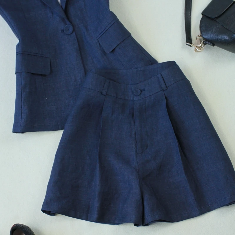 Комплект из двух предметов: жилет и шорты синего цвета хаки 2019|women set|women business setlinen