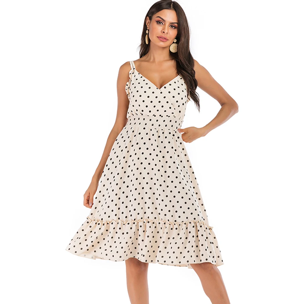 

Yuvie Sexy Spaghetti Straps V Neck Sleeveless Women's Ruffled Dress A-line Skater Vestidos Boho Plus Size Summer Polka Dot Dress