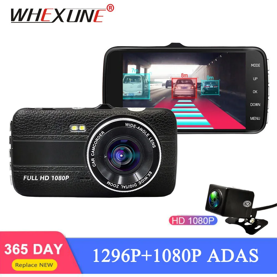 

WHEXUNE 4.0" LDWS Car DVR FHD 1296P Dual Lens Dash Cam Camera Auto Registrator with Rear Camera WDR Night Version Voice Alarm