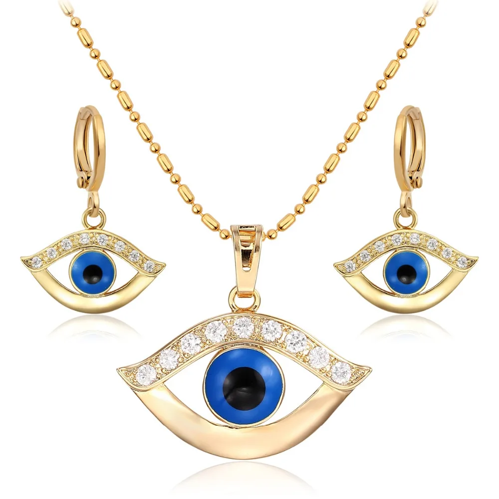 Yellow Gold Color Blue Evil Eyes Cluster CZ Statement Pendant Necklace Dangle Earrings Egypt Jewelry Sets Bijoux for Women|earring fittings|earring