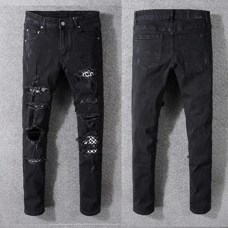 

New Italy Style #538# Men's Distressed Destroyed Pants Art Crytals Patches Skinny Black Jeans Slim Trousers Size 28-40