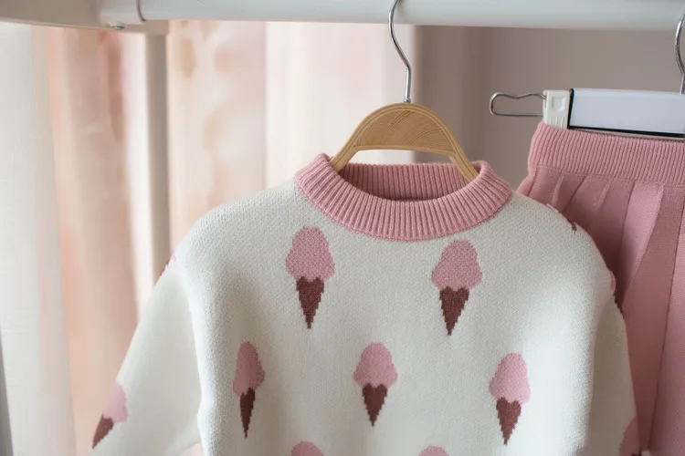 Новые весенние комплекты одежды для детей вязаный пуловер с рисунком мороженого, свитер плиссированная юбка костюмы для маленьких девочек из 2 предметов детская одежда