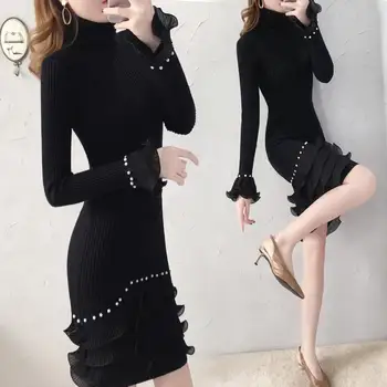 

New 2019 Winter Autumn Knitting Dress Women Beading Ruffles Dresses Elegant Turtleneck Thick Warm Sweaters Party Dresses NS25