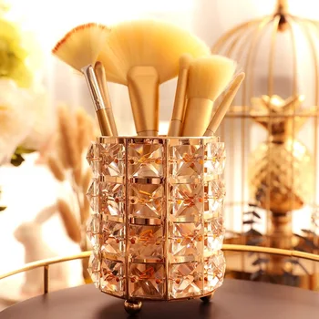 

Crystal Makeup Storage Bucket Jewelry Organizers Cosmetic Brush Storage Box European Style Eyebrow Pencil Lipstick Holder Racks