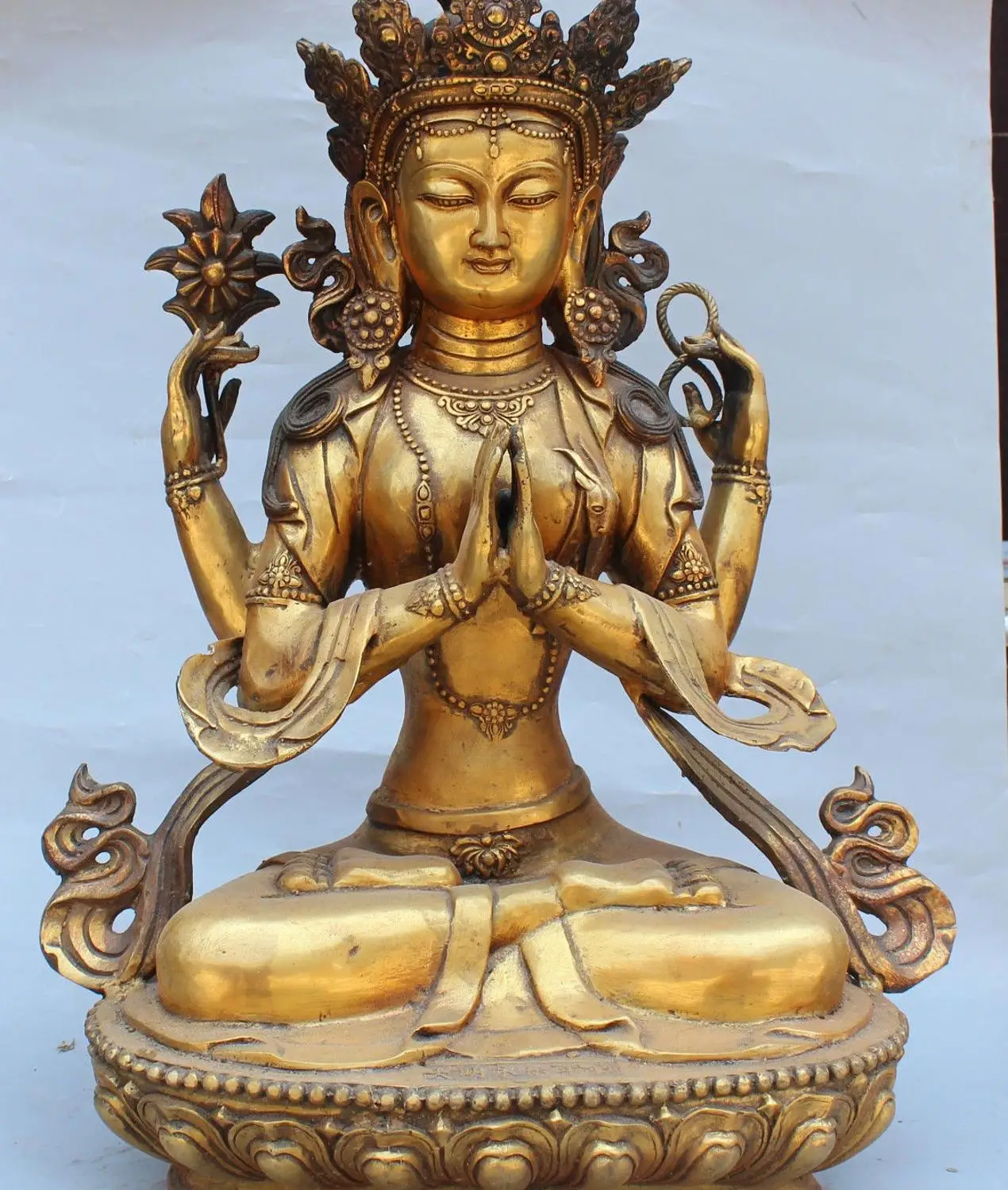 

22" Signed Chinese Tibet Bronze Gilt 4 Hands Arms Chenrezig Buddha Lotus Statue