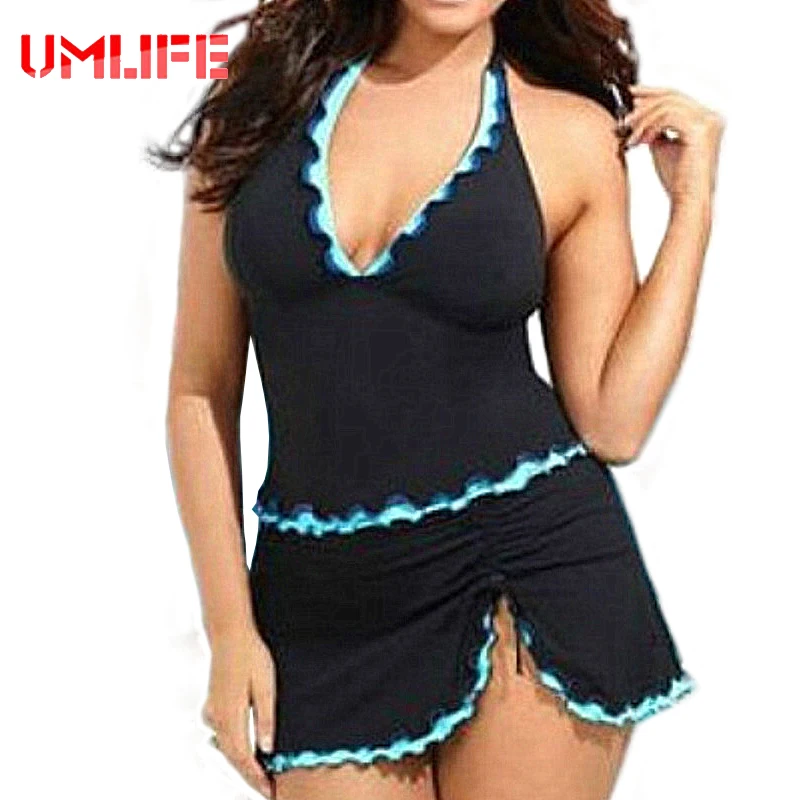 

UMLIFE Women Plus Size Swimwear Two Piece Halter Swimsuit Skirt Set Beachwear Dress Swimwear 2017 Push Up Bathing Suit Tankini