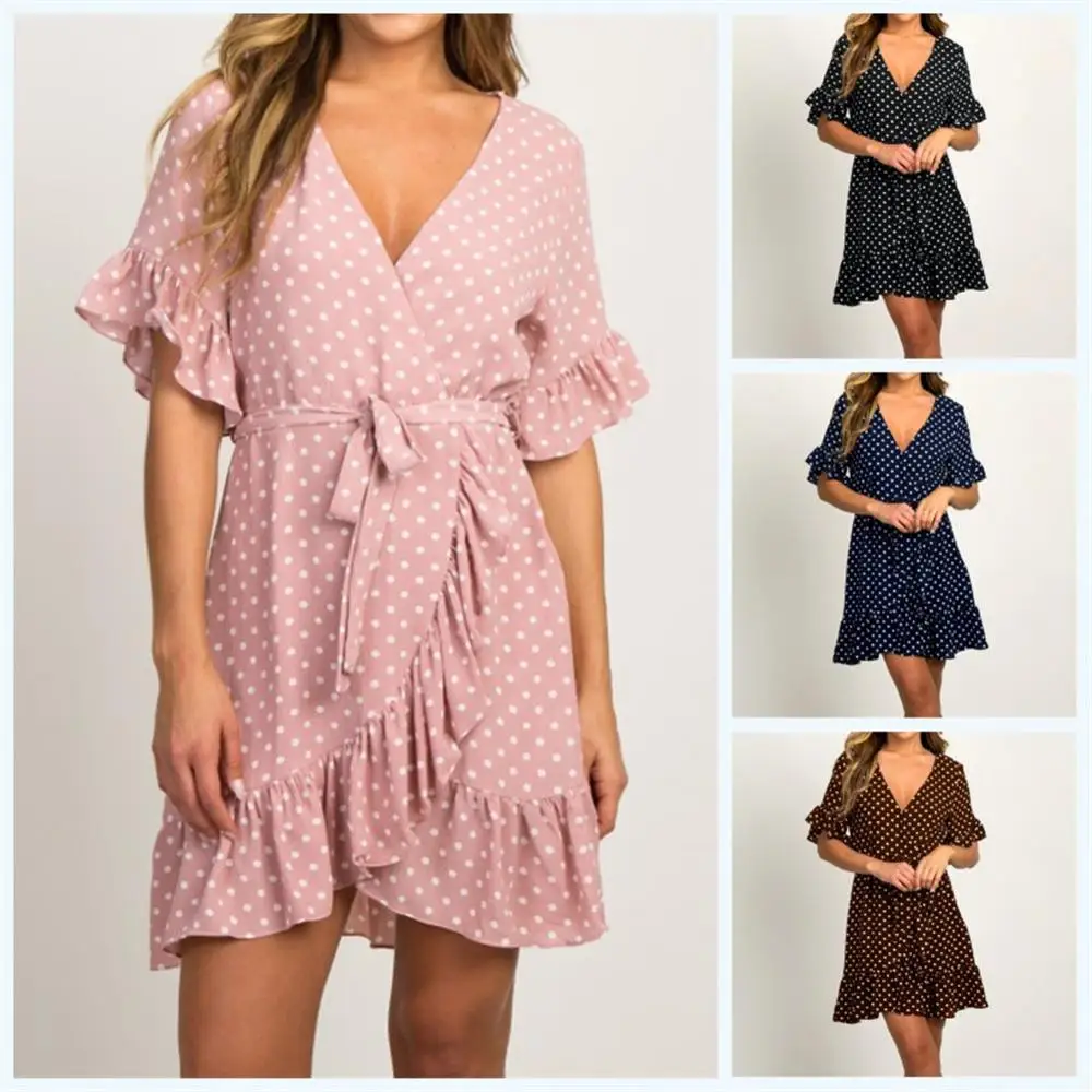 

MIYU Women's 2019 Summer Chiffon V-Neck Short Ruffle Sleeve Polka Dot Printed Mini Wrap Dress With Tie