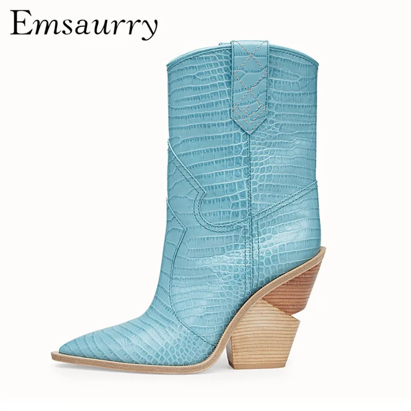 

New Autumn Snakeskin Short Booties For Women Cut Out Wedges Thick Heel Pointed Toe Martin Boots Fashion Catwalk Mid-calf Boots