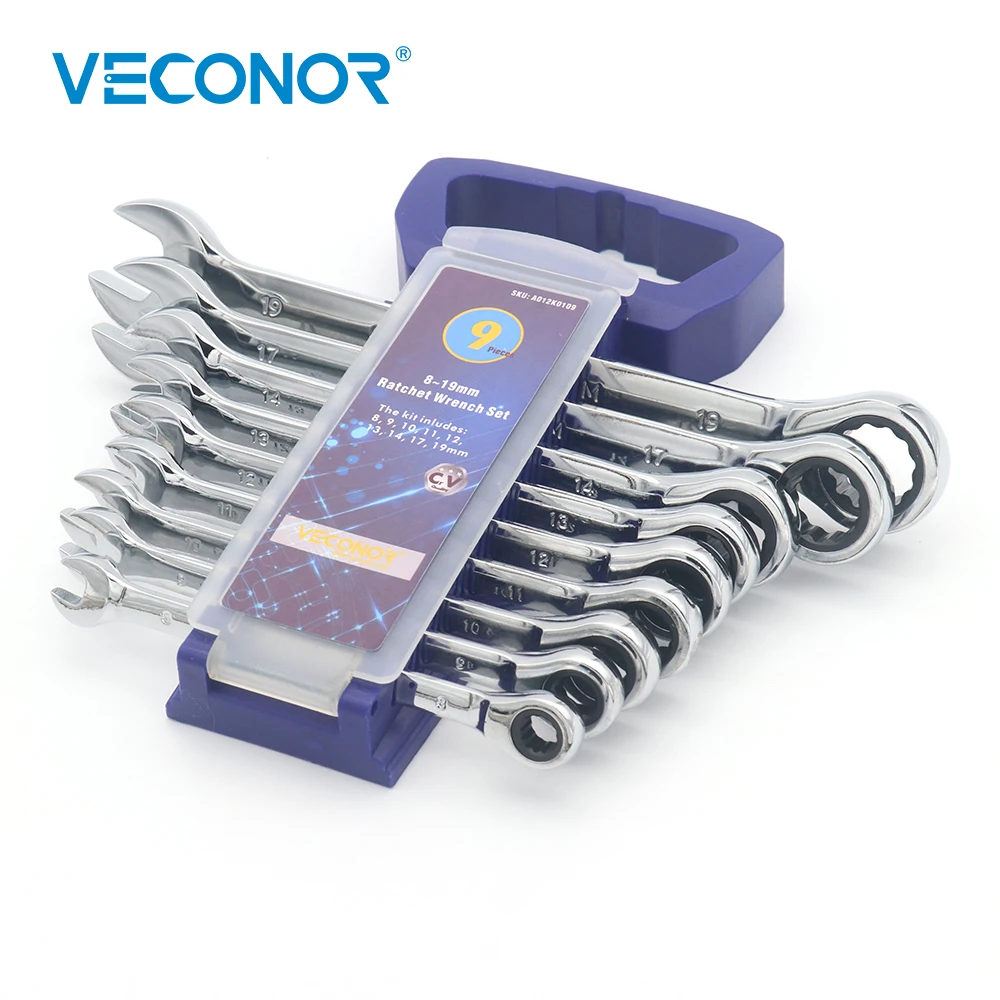 Veconor 9 Pieces Ratchet Handle Wrench Set in Plastic Rack 8~19mm Combination Ratchet Wrench