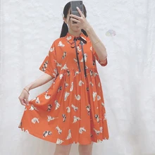 Новое летнее платье Для женщин Колледж ветра платье с мультипликационным принтом свободные кнопку галстук платье Harajuku милый щенок платье Женский#336