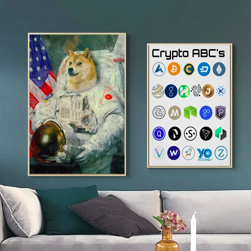 Doge US астронавт Dogecoin криптовалюта Биткоин винтажный декоративный плакат из крафт-бумаги холст живопись Настенная Наклейка домашний Декор подарок