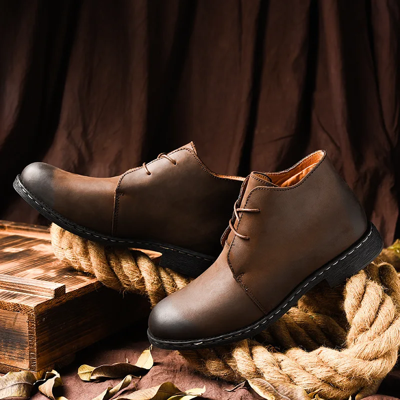 Обувь из натуральной кожи мужские ботинки повседневная обувь на шнуровке в британском ретро стиле с круглым носком на толстом каблуке теплые рабочие ботинки из флиса; большие размеры