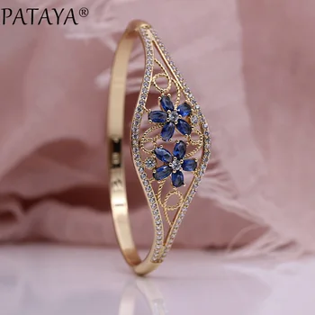 

PATAYA New Oval Petal Luxury Women Bangle Wedding Fine Hollow Bangle 585 Rose Gold Dark Blue Natural Zircon Cute Fashion Jewelry