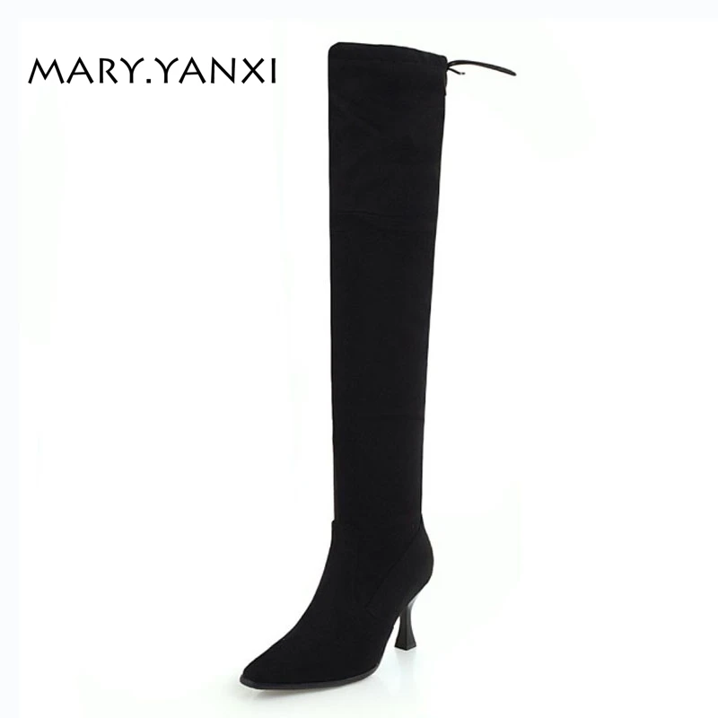 

Winter Women Lady Big Size Shoes Over-the-Knee Long Boots Flock Nubuck Square Toe High Heels Lace-up Short Plush Solid Slip-on